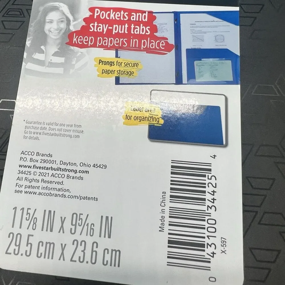 3 Five Star Black Pocket Folder plastic Prong Fasteners Stay-Put Folder Black